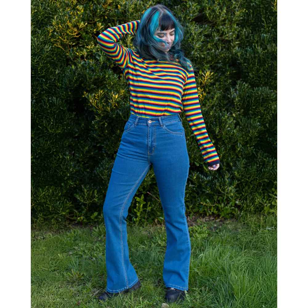 Run & Fly - Unisex High Waisted Stonewashed Bellbottom Flared Hose - Blau